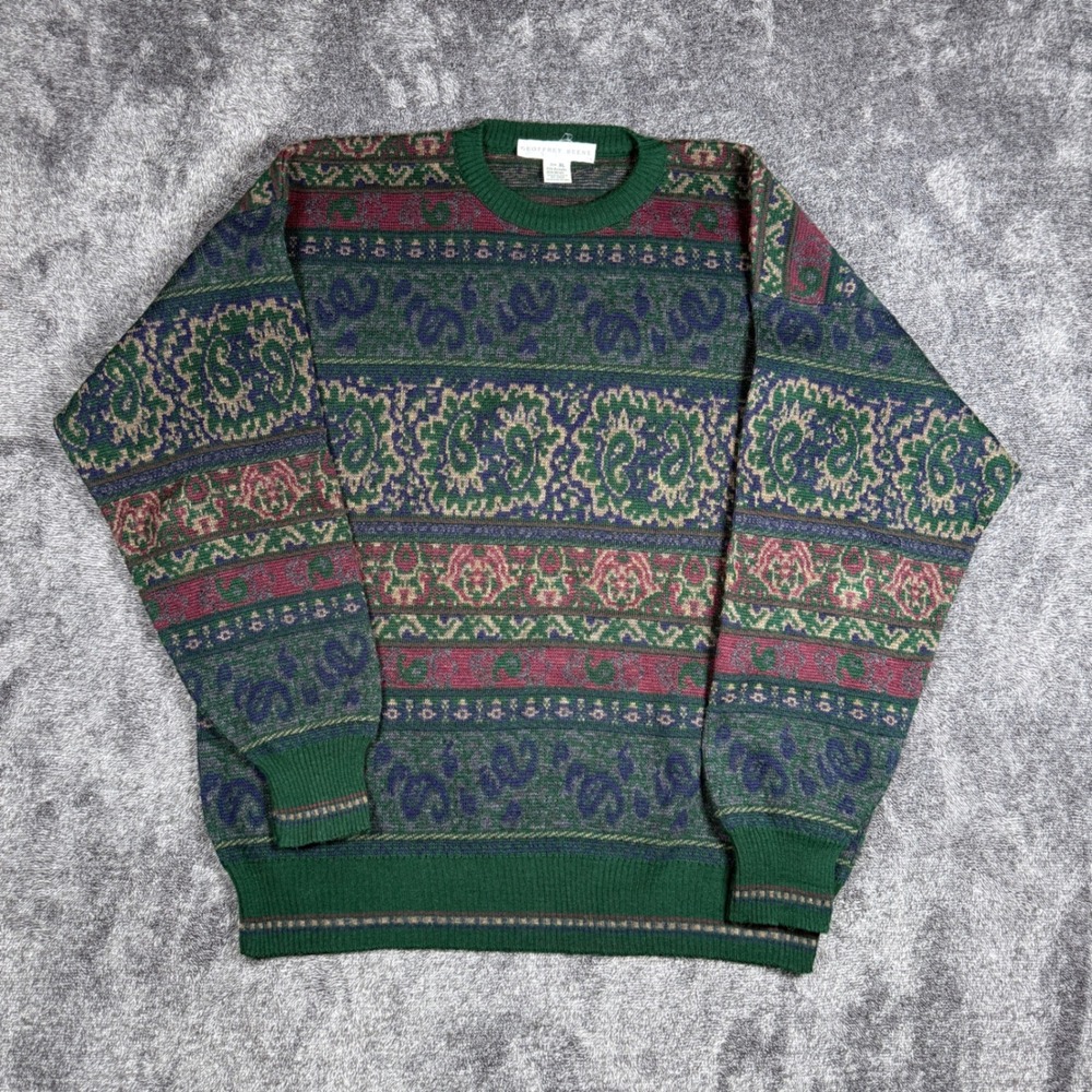 Geoffrey Beene Vintage Paisley Knit Sweater Mens XL Green Wool Blend Italy 3209